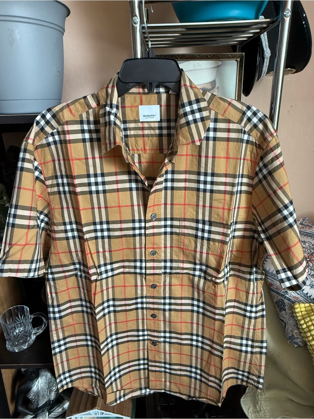 Burberry Tan Plaid Short-Sleeve Button-Down Shirt